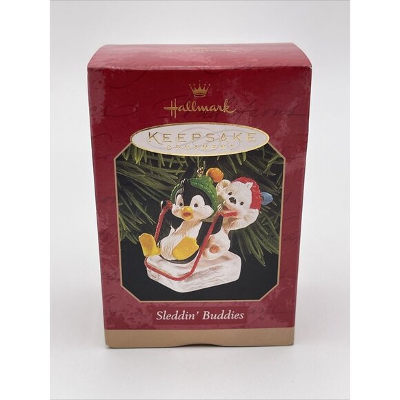 Hallmark Keepsake Ornament Sleddin Buddies Penguin & Bear Cub 1999 New Box - Picture 3 of 12